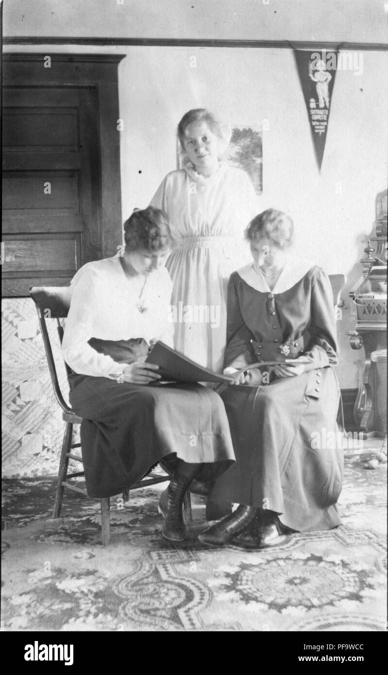 Schwarz-weiß Foto zeigt drei Frauen, Edwardian Kleidung, zwei sitzen und den Blick auf ein Album, das dritte steht zwischen ihnen und mit Blick auf die Kamera, die mit einer Mauer Wimpel an der Wand hinter Ihnen lesen' Stimmen für Frauen, "und ein Hinweis auf der Rückseite der Fotografie als Gruppe wie die Rominger Familie, 1900. () Stockfoto