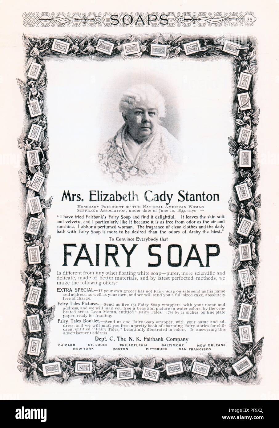 Schwarze und weiße Werbung für 'Fairy Soap", mit einem Kopfschuss von suffragist Elizabeth Cady Stanton, und Ihre persönliche Bewertung des Produkts, durch die NK Fairbank Unternehmen veröffentlicht, die für den amerikanischen Markt, ca. 1899. () Stockfoto