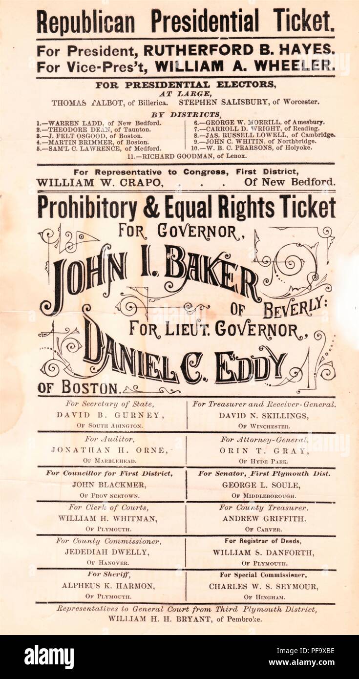 Schwarz und Weiß, Republikanischer und Massachusetts Verbot Partei Plakat listing John L Baker für Regler, und Daniel C Eddy für Lieutenant Governor, für den amerikanischen Markt gedruckt, im Jahr 1876. () Stockfoto