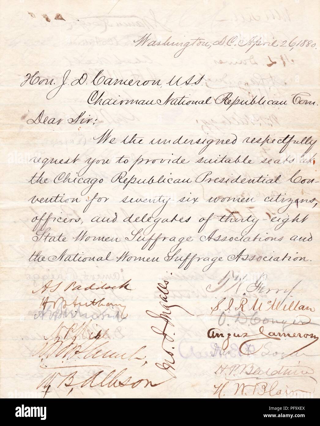 Petition, unterzeichnet von 118 Republikaner, einschließlich künftiger Vice President Levi Morton, um Sitzplätze für 76 suffragists zur Teilnahme an der 1880 Republican Convention in Chicago gehalten, die Susan B Anthony Änderungsantrag vorzulegen, vom 26. April 1880. () Stockfoto
