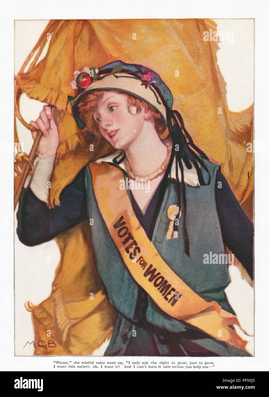 Farbe Abbildung: Darstellung einer schönen, jungen, Rothaarigen suffragist, trägt ein blaues Kleid und Hut, eine goldene Wimpel und eine gold-gelbe Schärpe mit dem Text 'Stimmen für Frauen, "ursprünglich verwendet, um zu veranschaulichen, das Magazin Geschichte 'Dorothy spricht sich für Treffen," und später für eine Postkarte durch die nationale amerikanische Frau Wahlrecht Verein, der von LS-Schalter für den amerikanischen Markt, 1900 Illustrierte ausgestellt nachgedruckt. () Stockfoto