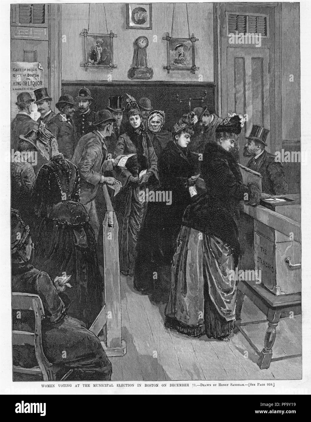 Schwarz-weiß drucken, die Frauen die Teilnahme an Boston's 1888 School board Wahlen, mit Untertiteln "Frauen stimmen bei der Kommunalwahl in Boston am 11. Dezember", illustriert von Henry Sandham und von Harper's Weekly veröffentlicht für den amerikanischen Markt, 1888. () Stockfoto