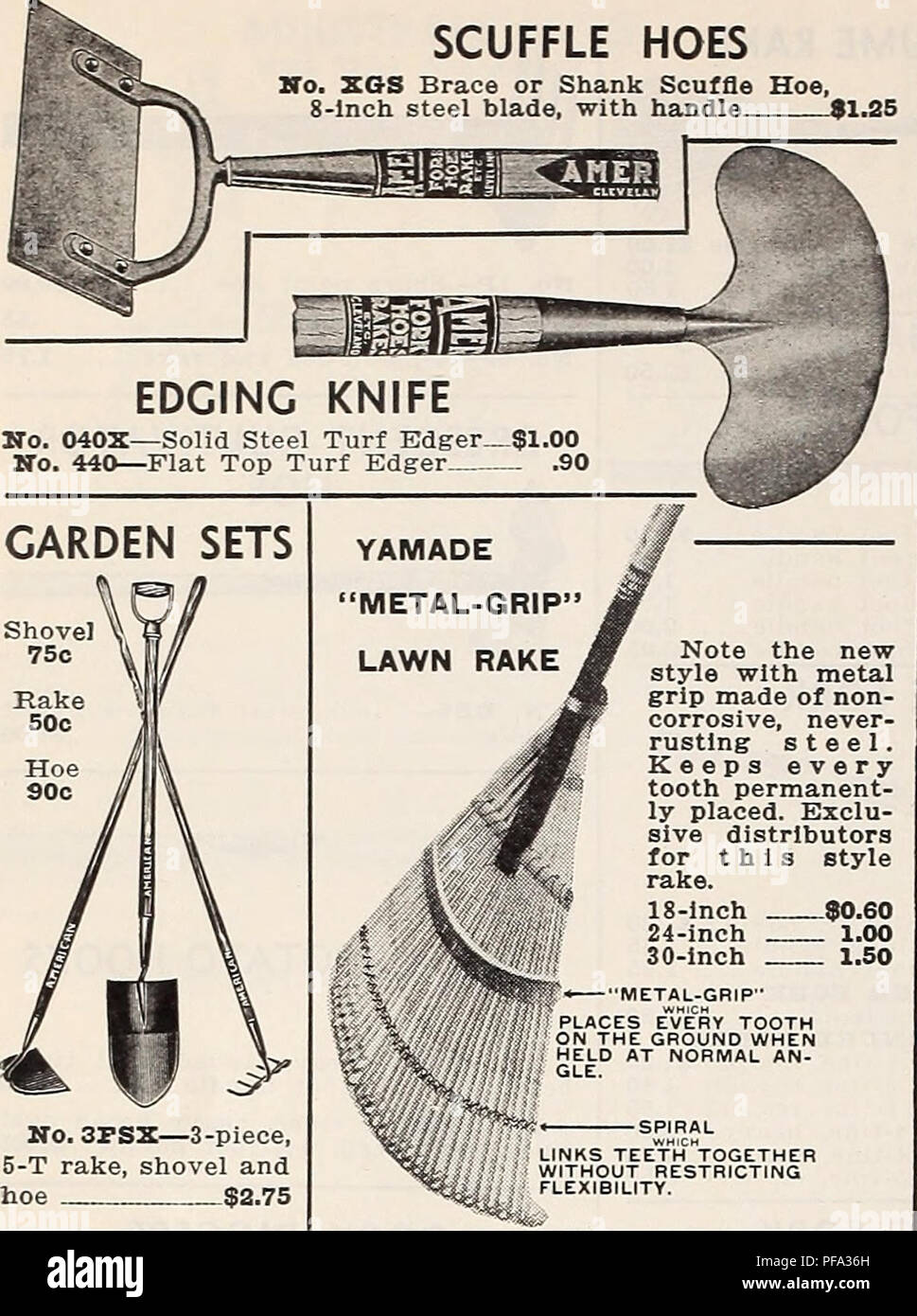 . Diamond Jubiläum 75-jähriges Jubiläum. Gartengeräte und Zubehör Kataloge; landwirtschaftliche Arbeitsgeräte Kataloge Kataloge; Samen; Glühlampen (Pflanzen) Kataloge; Gemüse; Blumen Kataloge Kataloge. 94 Griffith & Amp; TURNER CO., 205 N. PACA ST., Baltimore, MD. Handgemenge HOES Vo. ZGS Strebe oder Schaft Handgemenge Hoe, 8-lnch Stahl Klinge, mit Griff   $ 1.25. Hinweis Der neue Stil mit Metall Griff aus nicht ätzend, nicht rostenden Stahl. Hält jeden Zahn permanent-ly platziert. Ausschluss- Distributoren für diese Art Rechen. 18 lnch 80,60 1,00 24-Zoll 30-Zoll 1,50 METAL-GRIP"" // ' ' ORT jeden Zahn?^O Stockfoto