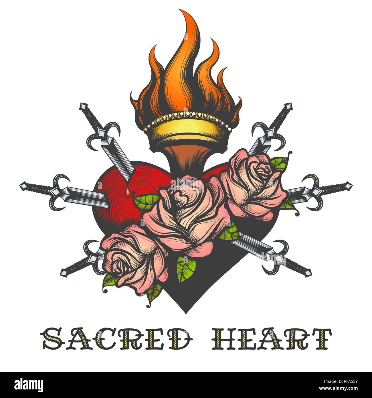 Heiliges Herz piersed von Schwertern in Tattoo Stil gezeichnet. Vector Illustration Stock Vektor