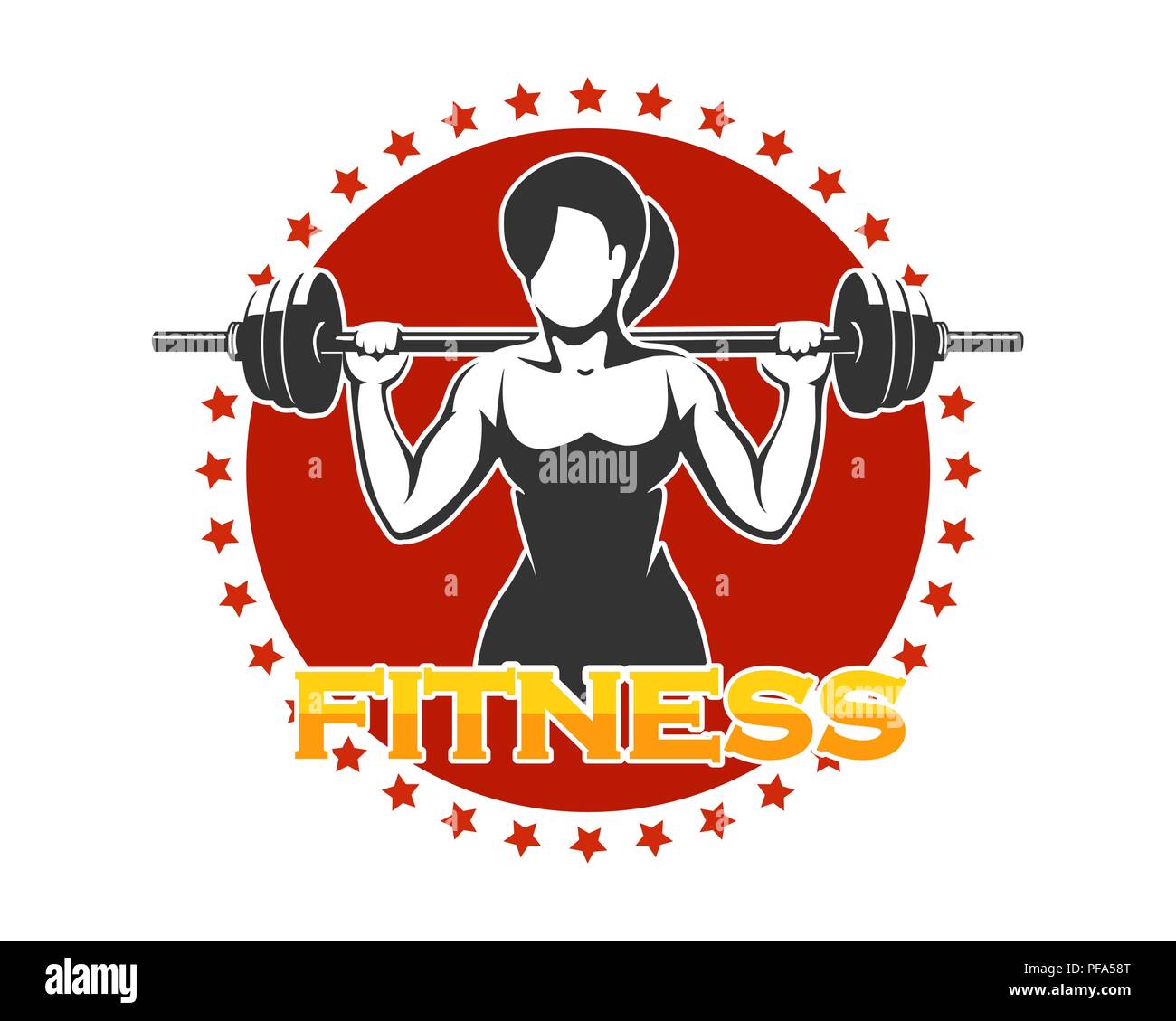 Fitnessraum oder Fitness Club Emblem. Athletische Frau Holding Barbell gegen roter Kreis mit Sternen. Vector Illustration. Stock Vektor