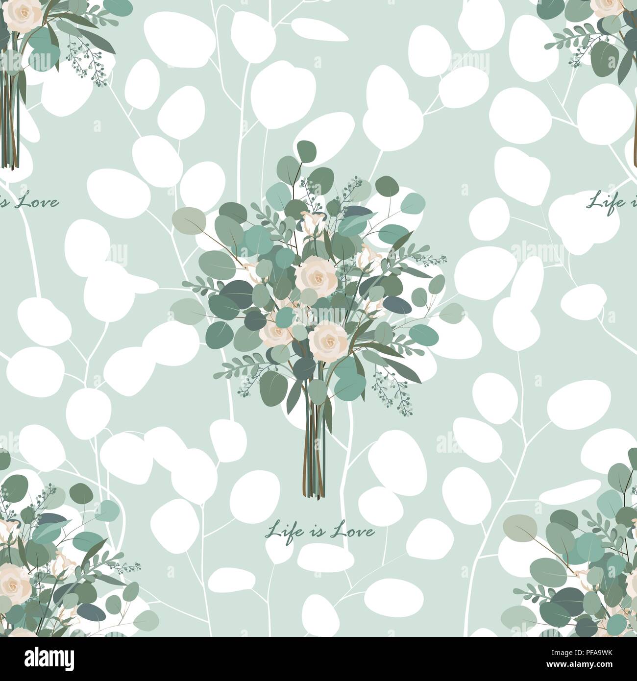 Rosen und Eukalyptus Blätter nahtlose Vektor Muster. Vector Illustration Stock Vektor