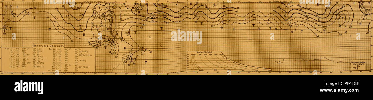 . Deutsche Südpolar-Expedition, 1901-1903, im, Aufträge des Reichsamtes des Innern. Gauss (Schiff); wissenschaftliche Expeditionen. Hooh II ^Ir. O lHO-ui' V/. 30 ii' S. JM I)^? 5 iJ JfliT W. 46' S. &Lt;SV.) 2) v j770; / (r JO * (V&gt;!") r^3 ff J?i'50-3 ä-HL&gt;^" 4AO-Jtr (ÜSU) M) r73 fl 95 * ffr (KEINE) 4) o 760 7 b-7 tr&amp; r4) O7&lt;" "0* 5 t &Lt;714 4 (r3 (r;,) () 7 SSn äi*S6* fi) w 770 20 * 30 (W. SSW) r.j O TW 49, "48° (W) 7) r740 "°7) 1^706 Jfä*U) 4 i w Reo 90'10) v^7 ÖS;&lt; r III^" W 165 * A.v (W)") r^754 und ff * O." • 9 "^7" ifl "öff* (W. O)"&lt;/lOl/- *7 740 1.15 "JO- Stockfoto