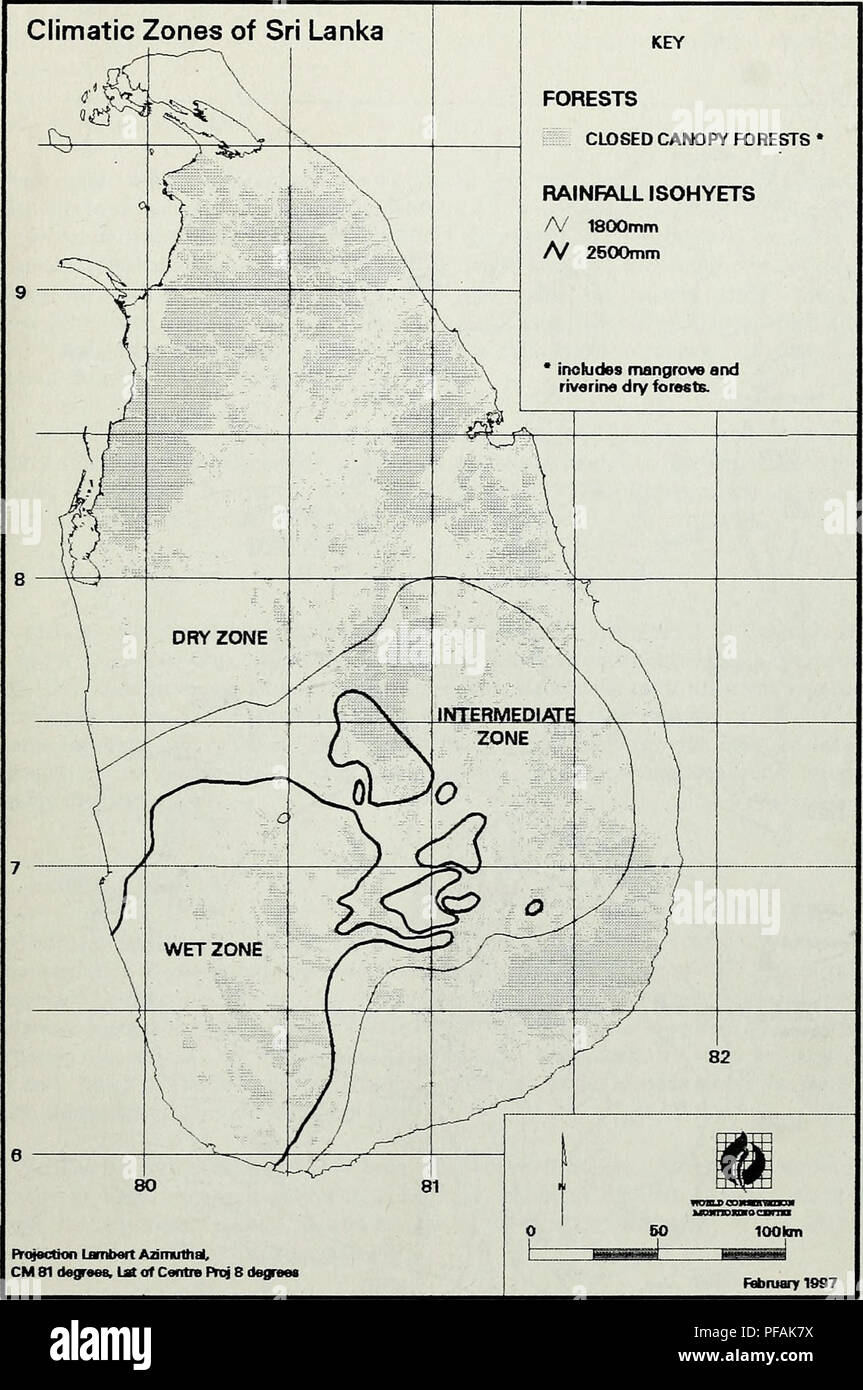 . Entwurf einer optimalen Schutzgebiete System für natürliche Sri Lanka's Wälder. Band 1. . Abbildung 2.1 Niederschlag isohyets und klimatischen Zonen von Sri Lanka auf die Verteilung der geschlossene Haube Wald 1992 überlagert, auf dem l: 50.000-Maßstab Wald Karte von Sri Lanka (Legg und Jewell, 1995) 17. Bitte beachten Sie, dass diese Bilder sind von der gescannten Seite Bilder, die digital für die Lesbarkeit verbessert haben mögen - Färbung und Aussehen dieser Abbildungen können nicht perfekt dem Original ähneln. extrahiert. IUCN, WCMC, FAO. Sri Lanka Forest Dept. Stockfoto