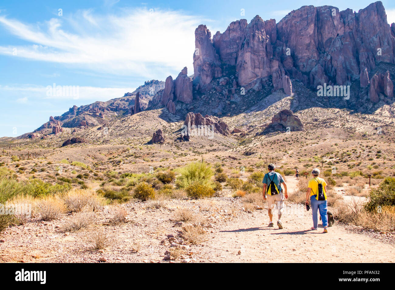 Mann und Frau wandern mit ihrem Hund in der Wüste im Südwesten in den Superstition Mountains in Arizona Stockfoto