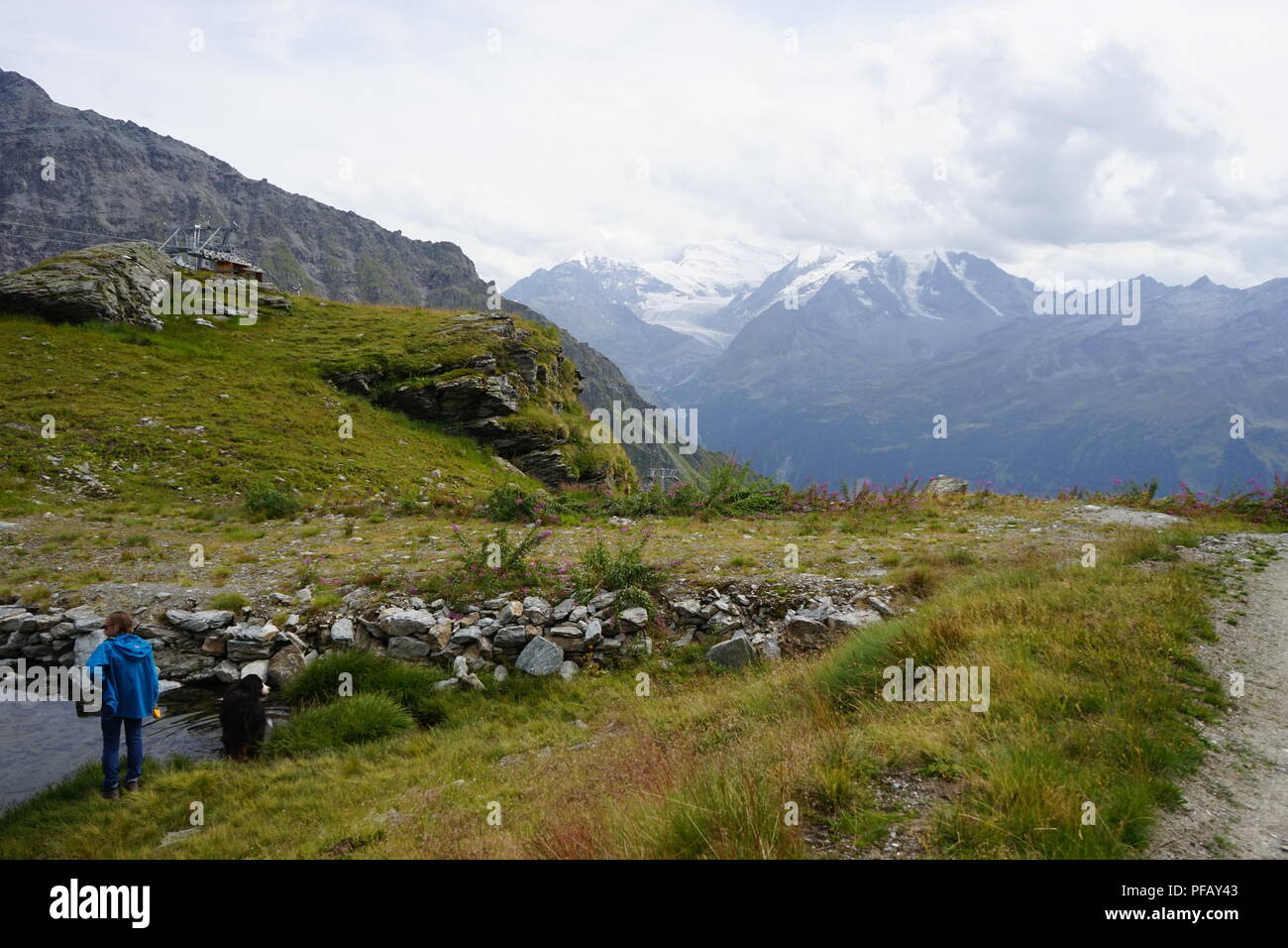 Mann und ein Berner Sennenhund stehend nahe dem Bergsee in den Schweizer Alpen Stockfoto