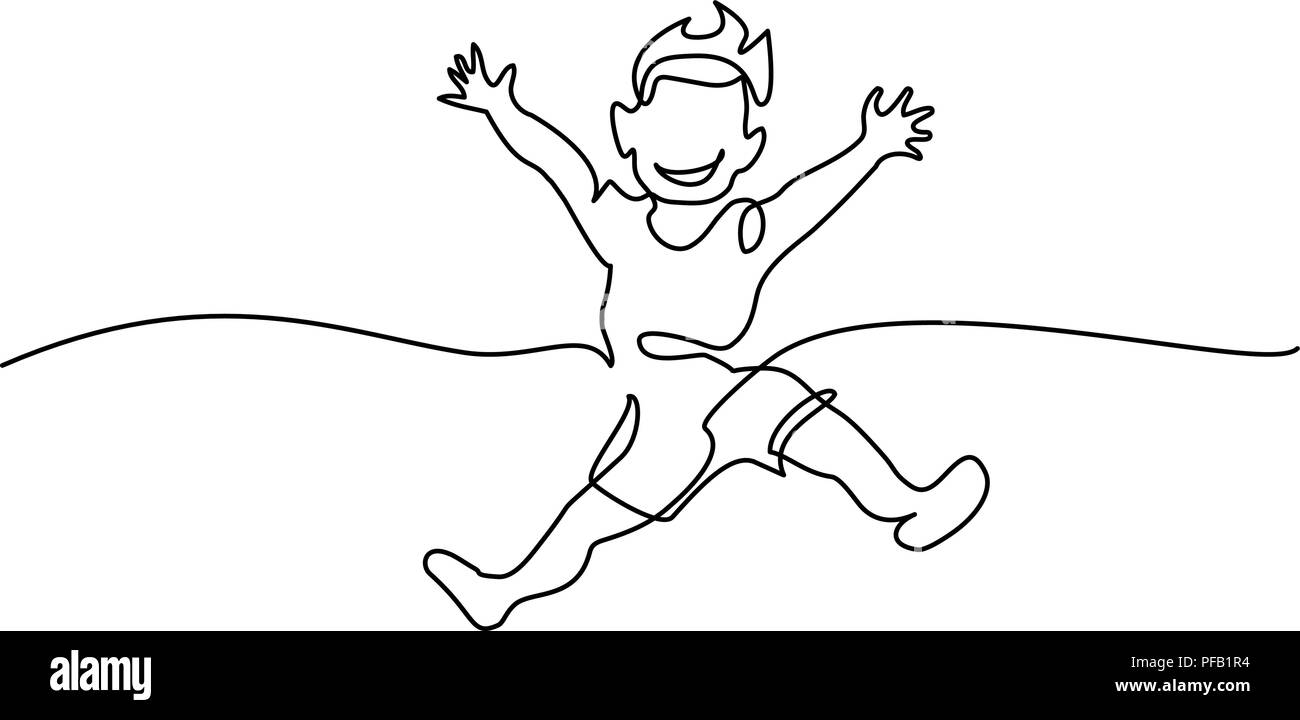 Kontinuierliche eine Linie zeichnen. Happy Boy jumping. Vector Illustration. Konzept für Logo, Karte, Banner, Poster Flyer Stock Vektor