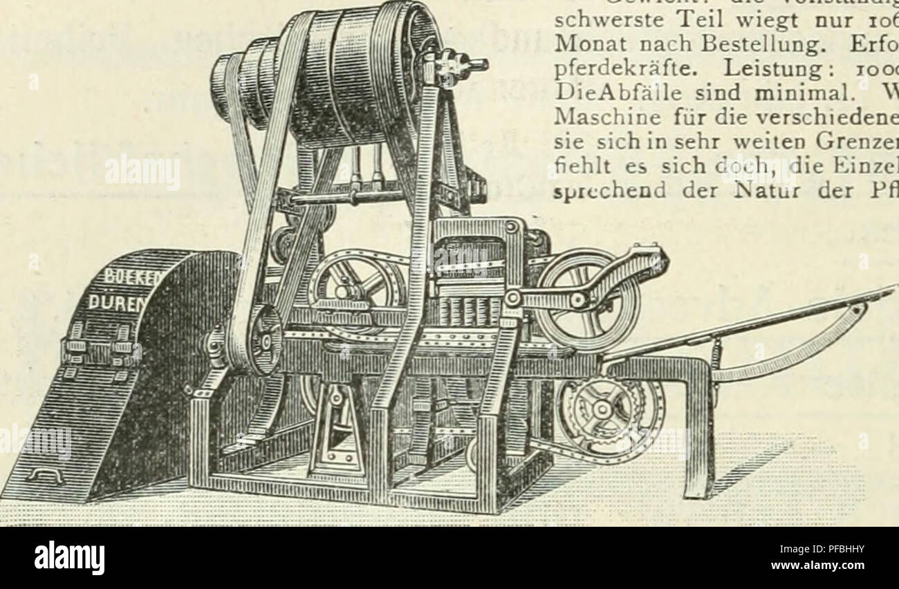 . Der Tropenpflanzer; Zeitschrift fr tropische Landwirtschaft. Tropische Pflanzen, Tropische Nutzpflanzen. ich Hubert Ãoeken &Amp; Co., Omb, Tropenkulturen-Ernte - Bereitungsmaschinen, DÃ¼ren im Rheinland. Automatische Entfaserungsmaschinen Boekei für SisaljFourcroya, Aloe, Ananas, Bananen, Sanseviera U. Alle anderen Faserpflanzen Weight: sterben vollstÃ¤ndige Maschine 4000 kg; der schwerste Teil wiegt nur 106 kg. Lieferungsfrist: ein Monat nach Bestellung. Erforderliche Kraft: 10 Dampf - pferdekrÃ¤fte. Leistung: loooo BlÃ¤tter in der Stunde. DieAbfÃ¤lle sind minimal. Wenn auch das Prinzip der Maschine für Stockfoto