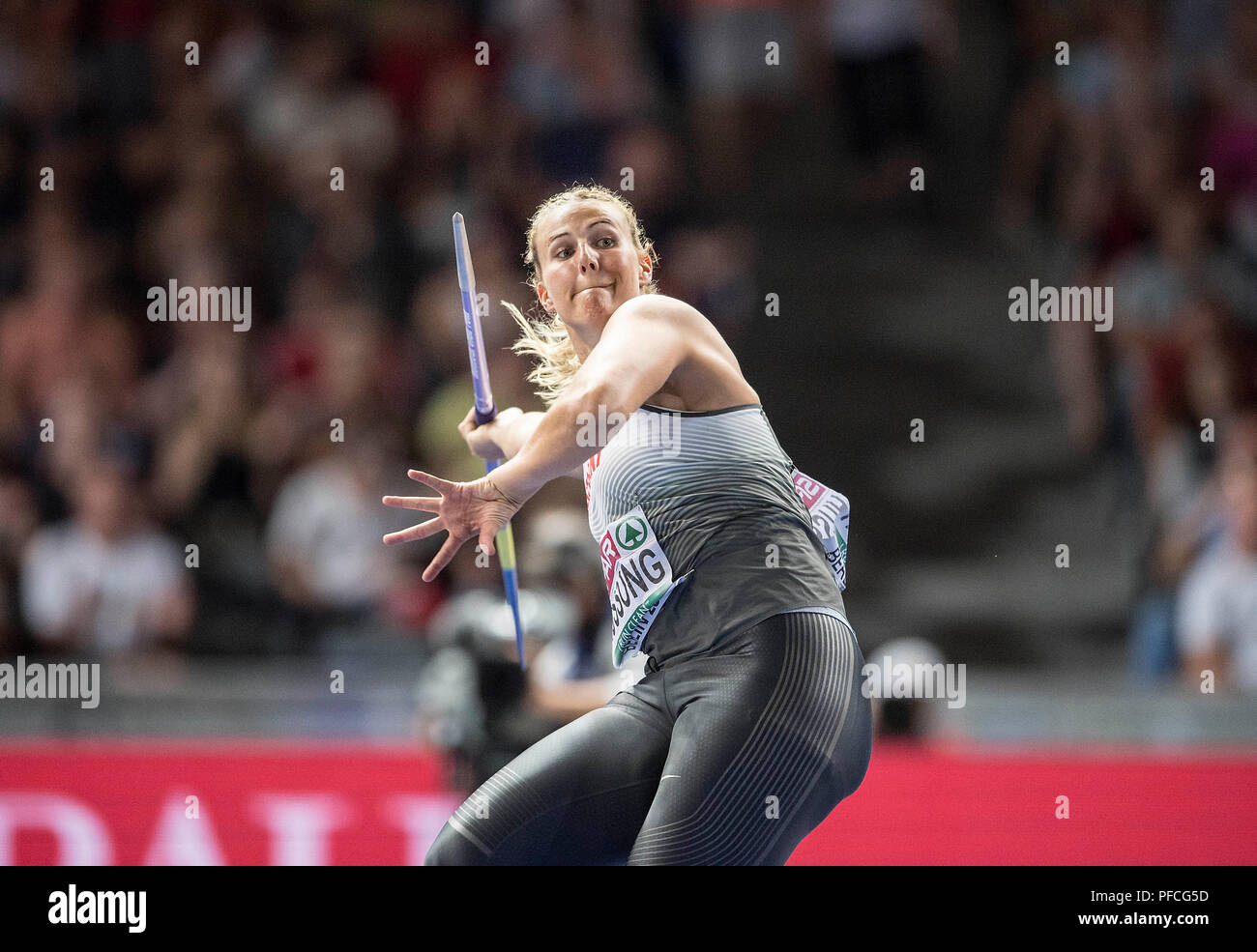 Berlin, Deutschland. 10 Aug, 2018. Gewinner Christin HUSSONG, Deutschland, 1.Platz. Finale Speerwerfen der Frauen werfen, auf 10.08.2018 Europäische Leichtathletik WM 2018 in Berlin/Deutschland vom 06.08. - 12.08.2018. | Verwendung der weltweiten Kredit: dpa/Alamy leben Nachrichten Stockfoto