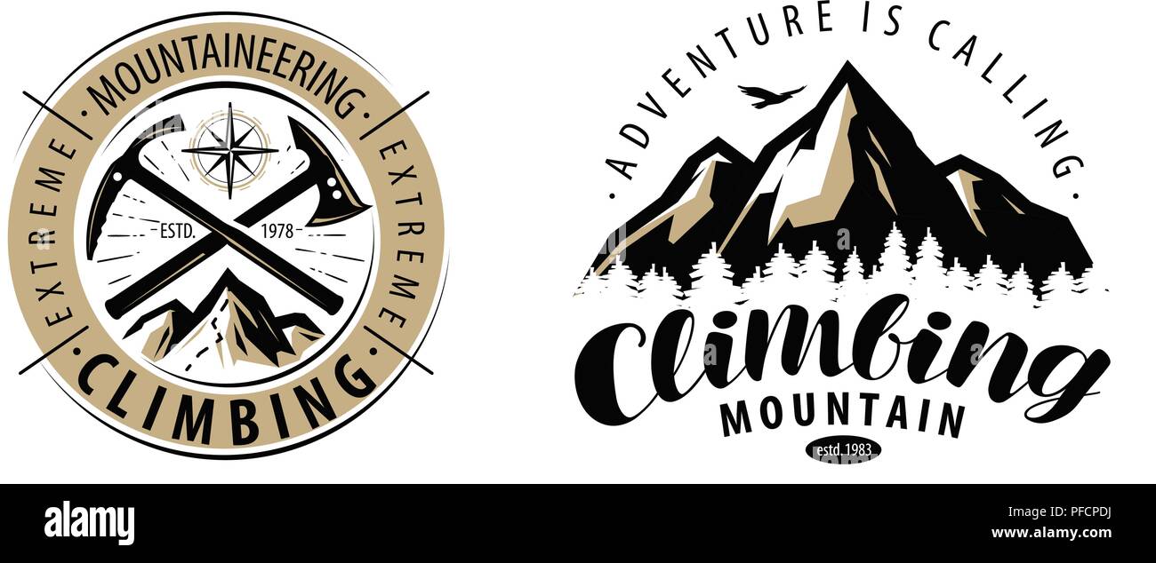 Klettern, Bergsteigen Logo oder Label. Berge Vektor Stock Vektor