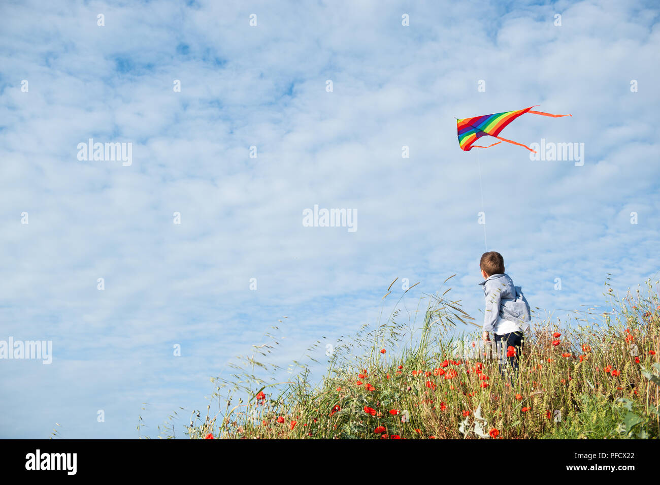 Gesunde kleine Kind halten fliegen bunte Drachen blauer Himmel mit Wolken im Freien Stockfoto