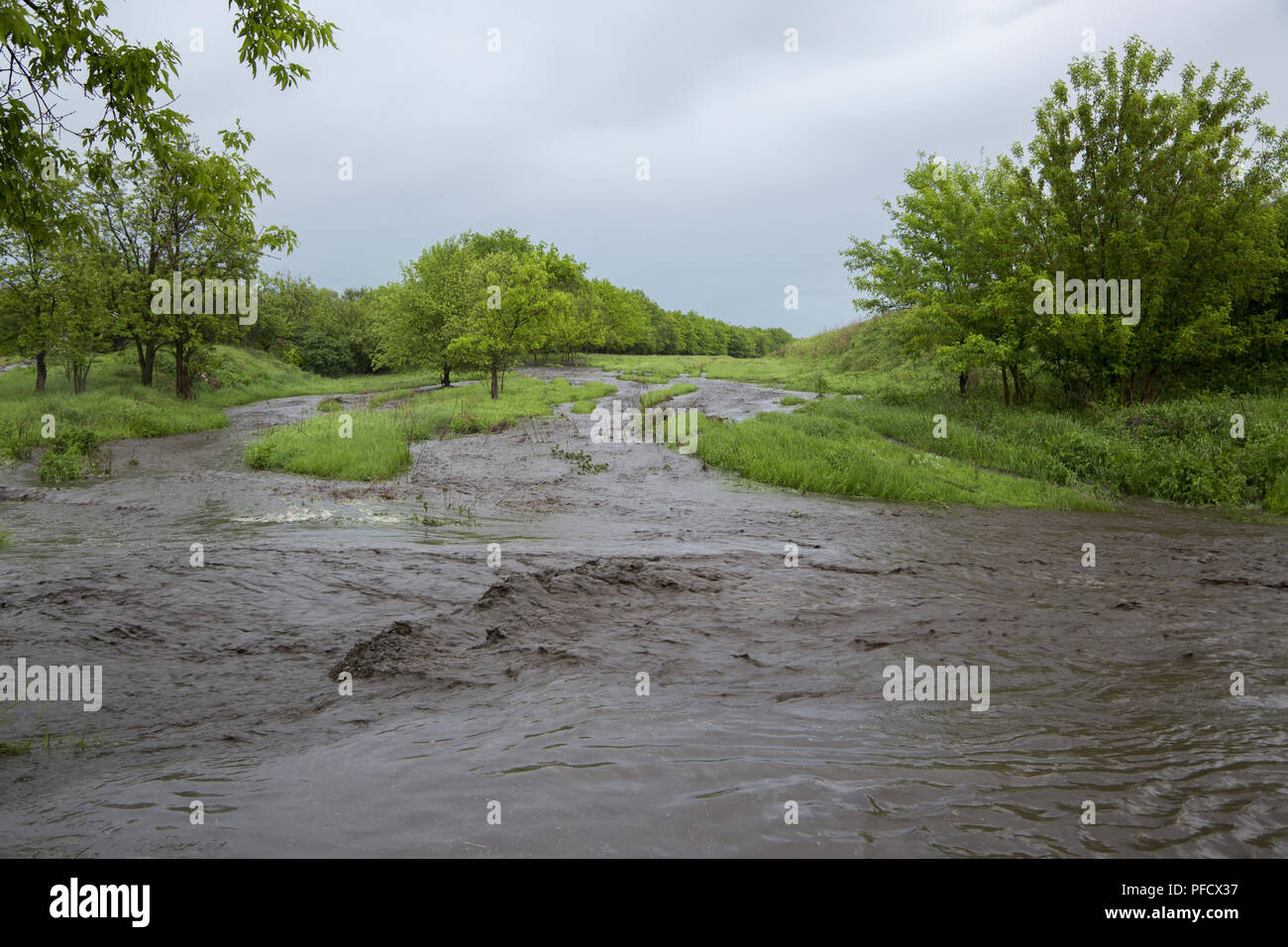 Ströme von Wasser fließen nach einem schweren Niederschlag Stockfoto