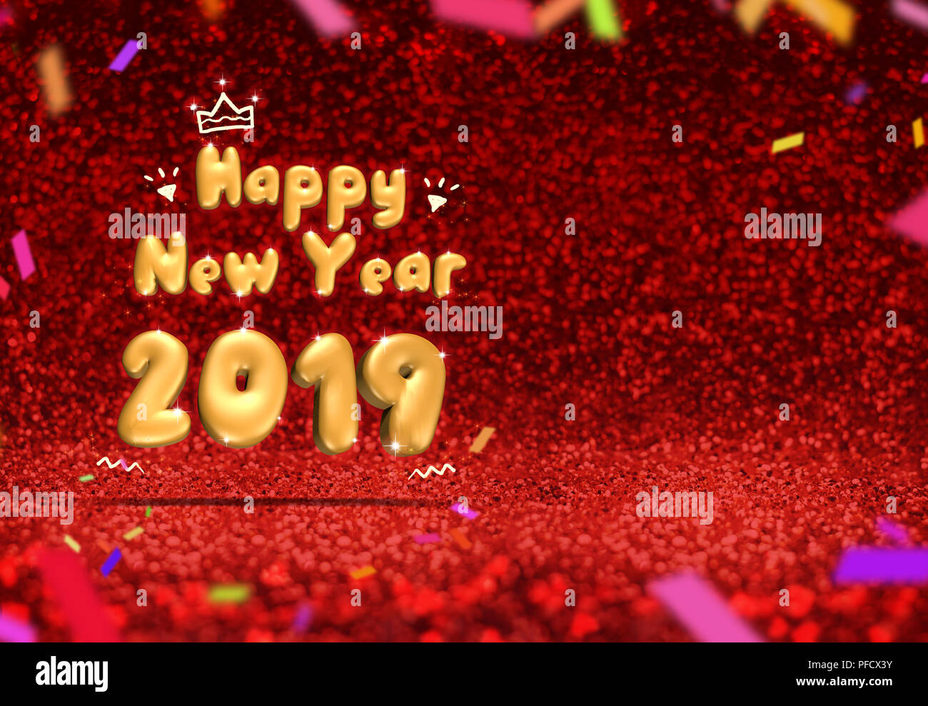Frohes neues Jahr 2019 (3DRendering) Perspektive rot funkelnden