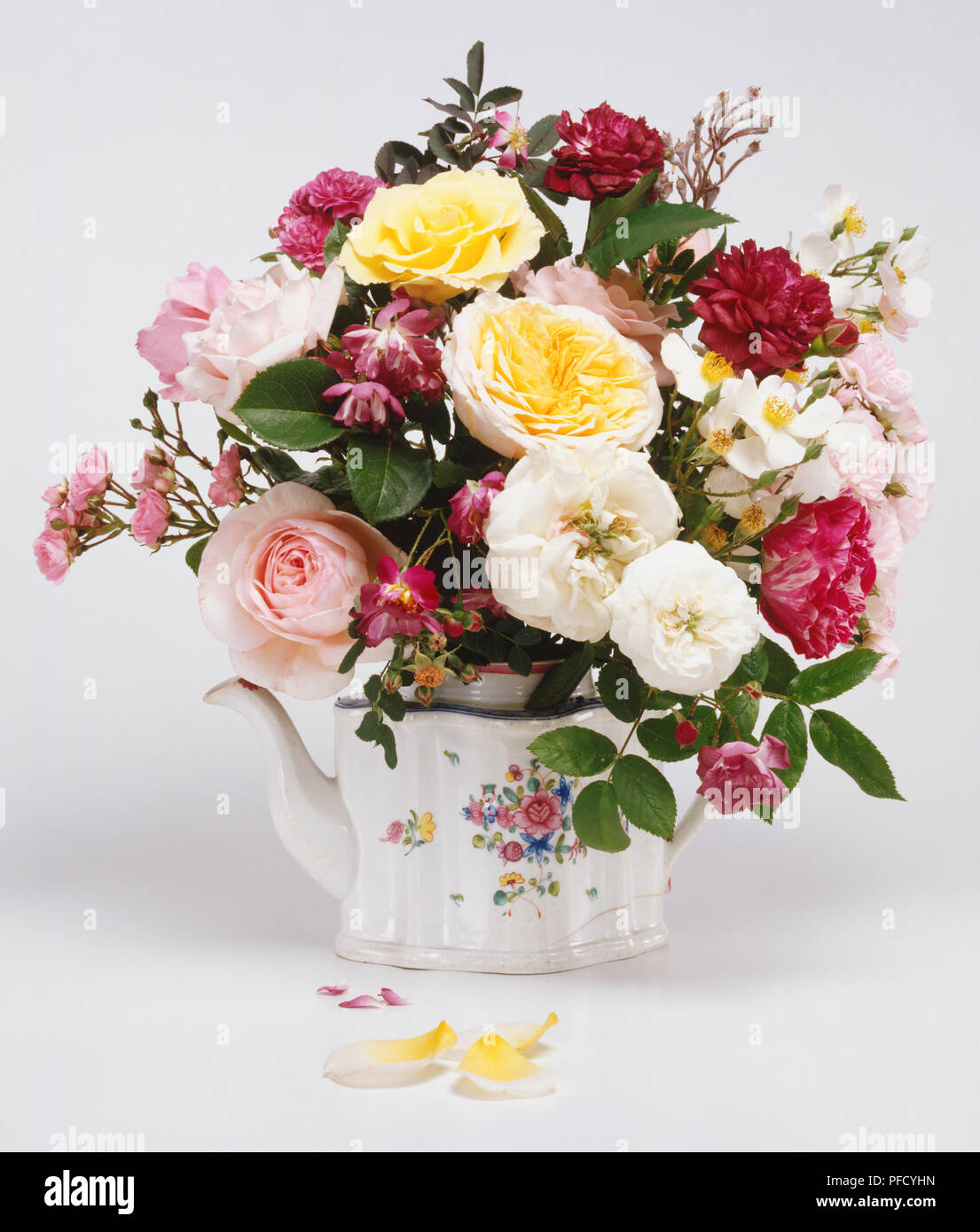 Teekanne von Rosen, altmodische gemischte Rosen in einer gemalten Teekanne mit einige Blütenblätter auf den Boden. Stockfoto
