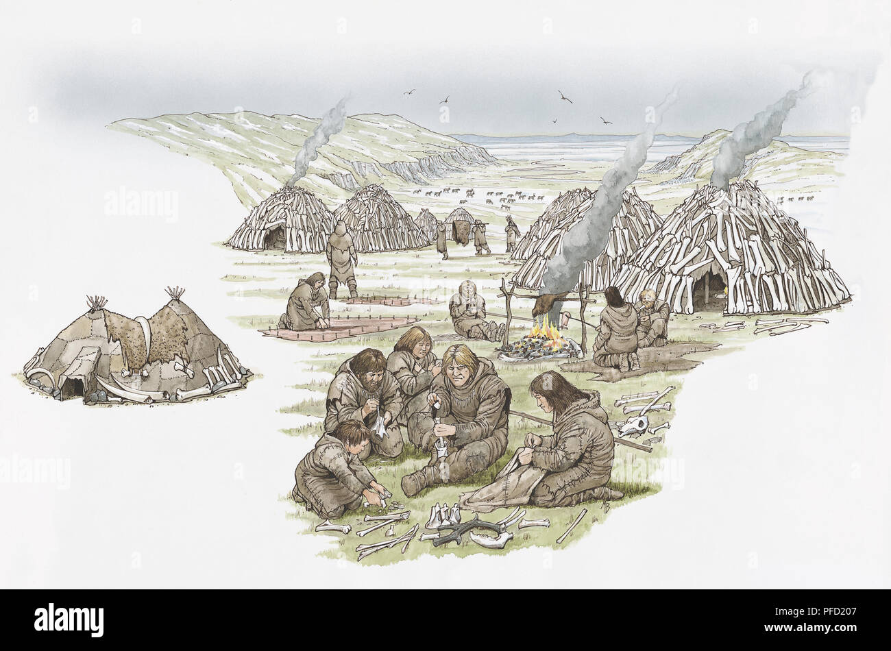 Neanderthal settlementwith kochen, schälen und Werkzeugbau im Vordergrund Stockfoto