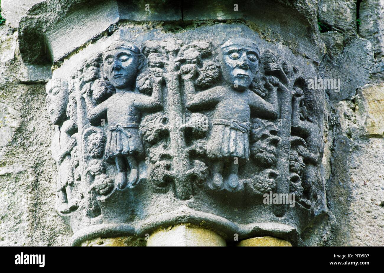 Irland, County Roscommon, Boyle, Boyle Abbey, geschnitzte Kapital in das Kirchenschiff, 12. Jahrhundert Stockfoto