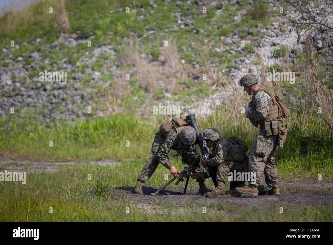 Us-Marines mit 3 Bataillon, 6 Marine Regiment, 2nd Marine Division, bereiten Sie eine 80 mm Mörser für eine Zündung Mission während ein Bataillon live-fire Übung in Camp Lejeune, N.C., 6. Juni 2018. Marines mit dem Gerät durchgeführt, um die Ausbildung in der Vorbereitung für eine bevorstehende integrierte Ausbildung ausüben. Stockfoto