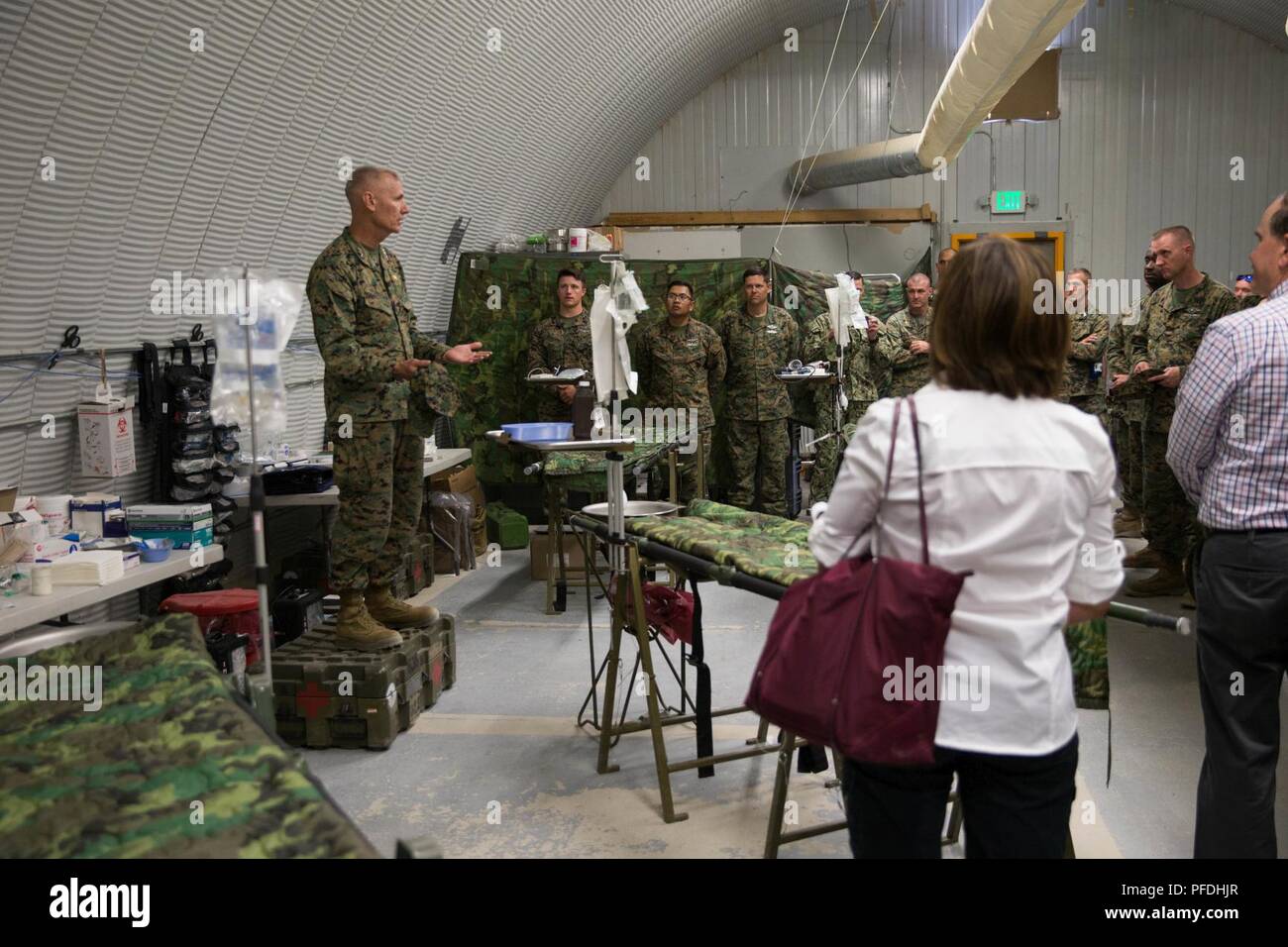 Generalleutnant Rex C. McMillian, Kommandant der Marine Reserve und Marine Nord, spricht zu den Matrosen der Regimental Hilfe Station auf Camp Wilson über die Bedeutung ihrer Rolle während der integrierte Ausbildung Übung 4-18 bei Marine Corps Air Ground Combat Center Twentynine Palms, Calif., 13. Juni 2018. ITX 4-18 bietet Marine Air Ground Task Force Elemente eine Gelegenheit, einen Service Level Bewertung der Kernkompetenzen, die sich auf Auslandseinsätze sind unerlässlich, um zu unterziehen, Vorwärts - bereitgestellt. Stockfoto