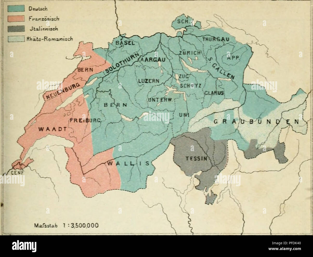. "Der Beobachter"; allgemeine Anleitung zu Beobachtungen über Land und Leute für Touristen, Exkursionisten und Forschungsreisende. Nach dem" Manuel du Voyageur", unter Mitwirkung des Verfassers. Fahrten und Reisen; wissenschaftliche Expeditionen. Tat! XXII. Sprachenkarte der Schweiz.  J English Französisch HB Jlali" iiseti j Rhato-Romamsch. jera Reho-ionskarte der Schweiz.. Bitte beachten Sie, dass diese Bilder sind von der gescannten Seite Bilder, die digital für die Lesbarkeit verbessert haben mögen - Färbung und Aussehen dieser Abbildungen können nicht perfekt dem Original ähneln. extrahiert. K Stockfoto
