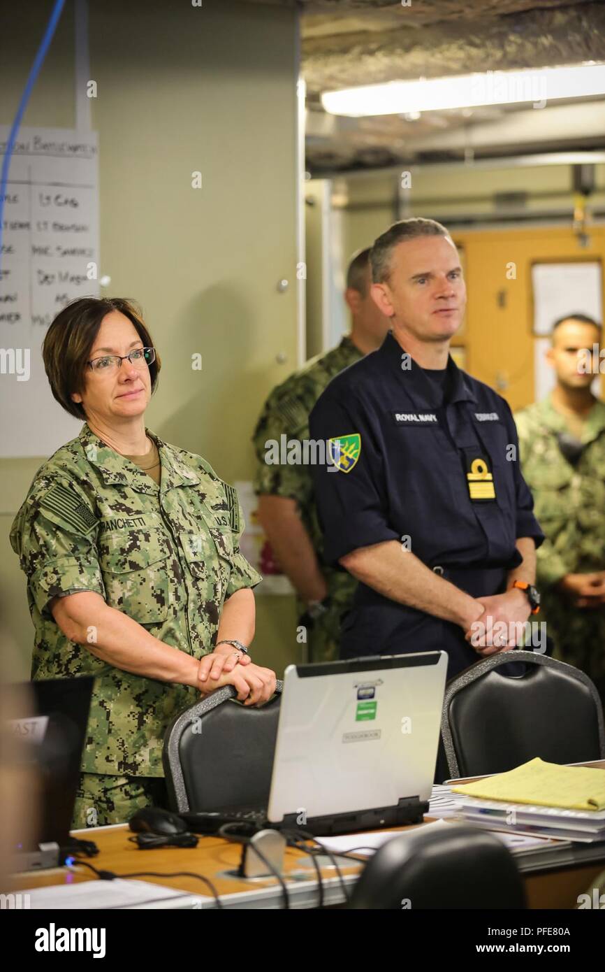 Insel Bornholm, Dänemark (9. Juni 2018) Vice Adm. Lisa M. Franchetti, Commander, U.S. 6 Flotte und Commander, Naval auffällig und Unterstützung der Kräfte der NATO (STRIKFORNATO) und hintere Adm. Guy Robinson, OBE, Royal Navy, stellvertretender Kommandant, STRIKFORNATO, besuchen Sie die Übung Aufgabe Einheit an Bord der Speerspitze-Klasse expedition-ary schnellen Transport ship USNS Carson City (T-EPF 7) in Insel Bornholm, Dänemark, 9. Juni, während der übung Ostsee Opera- tionen (Baltops) 2018. BALTOPS ist die wichtigste jährlich stattfindende Maritime - fokussierte Übung in der baltischen Region und einer der größten Übungen in Nordeuropa Flexibilität erhöhen Stockfoto