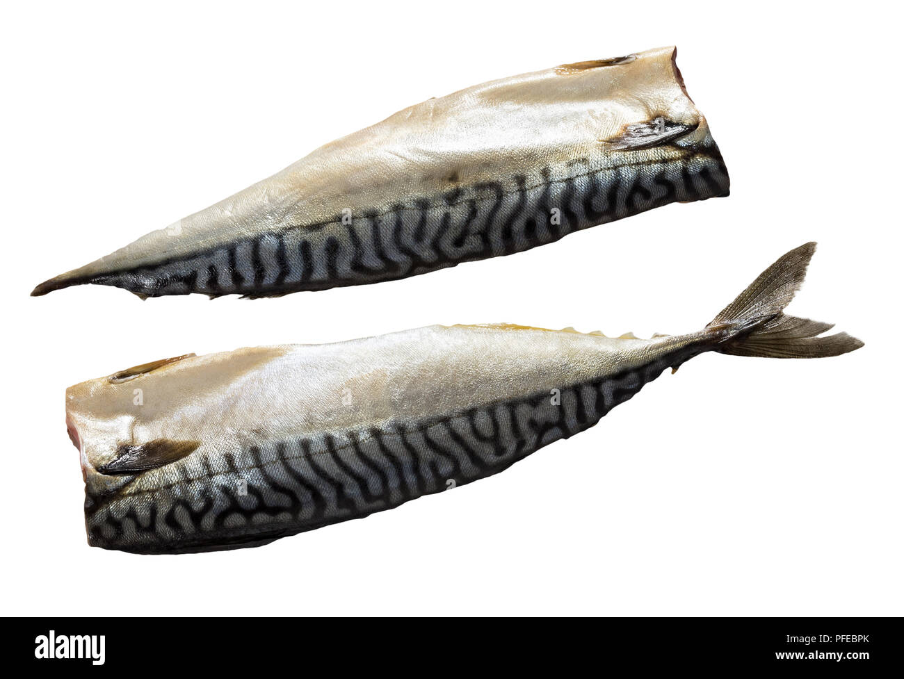Zwei rohen Fischfilets frische Makrele Fisch auf weißem Hintergrund, Nahaufnahme Stockfoto