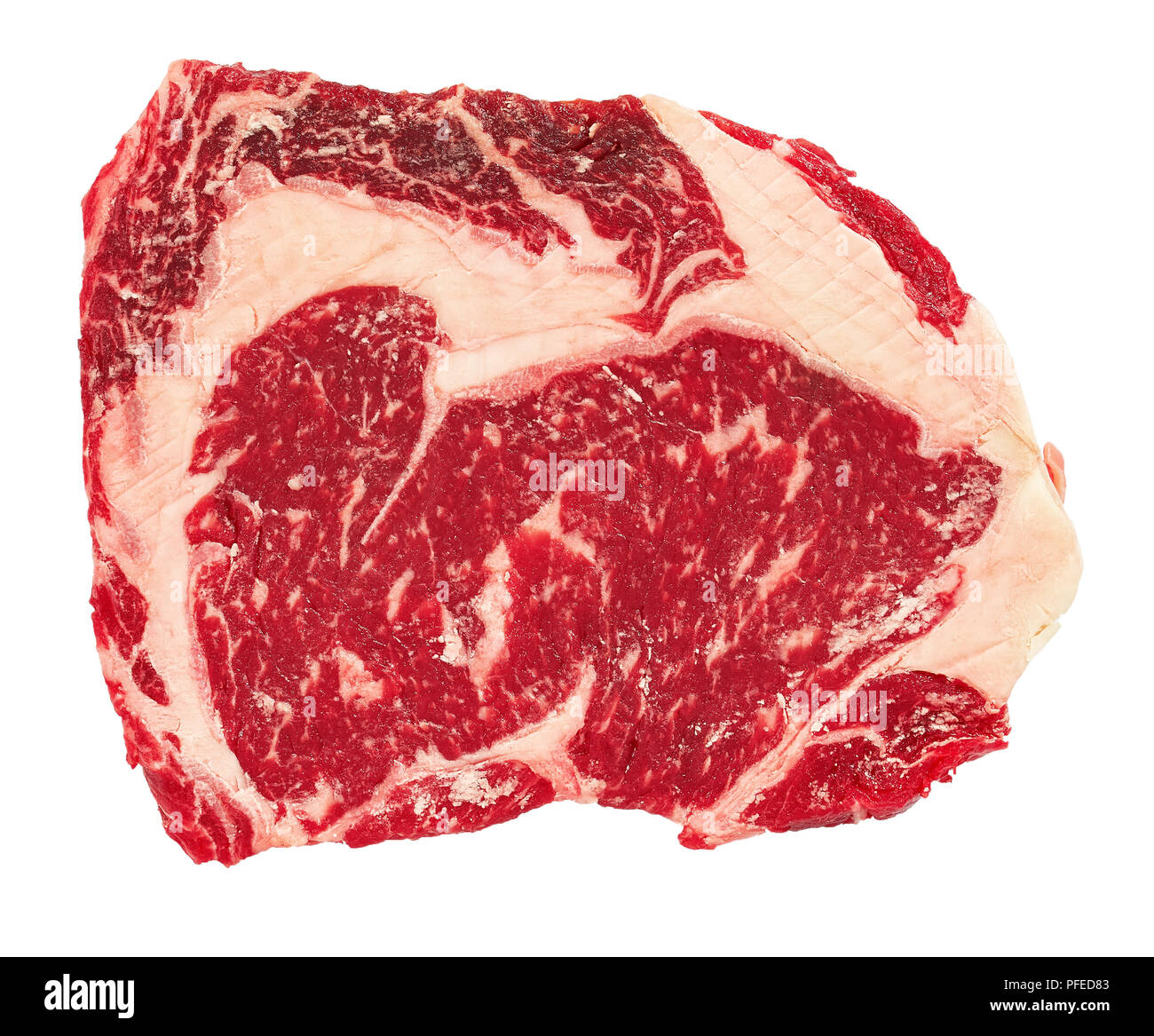 Rohes Rindfleisch Rib Eye Steak Auf Weissem Hintergrund Ansicht Von Oben Close Up Stockfotografie Alamy