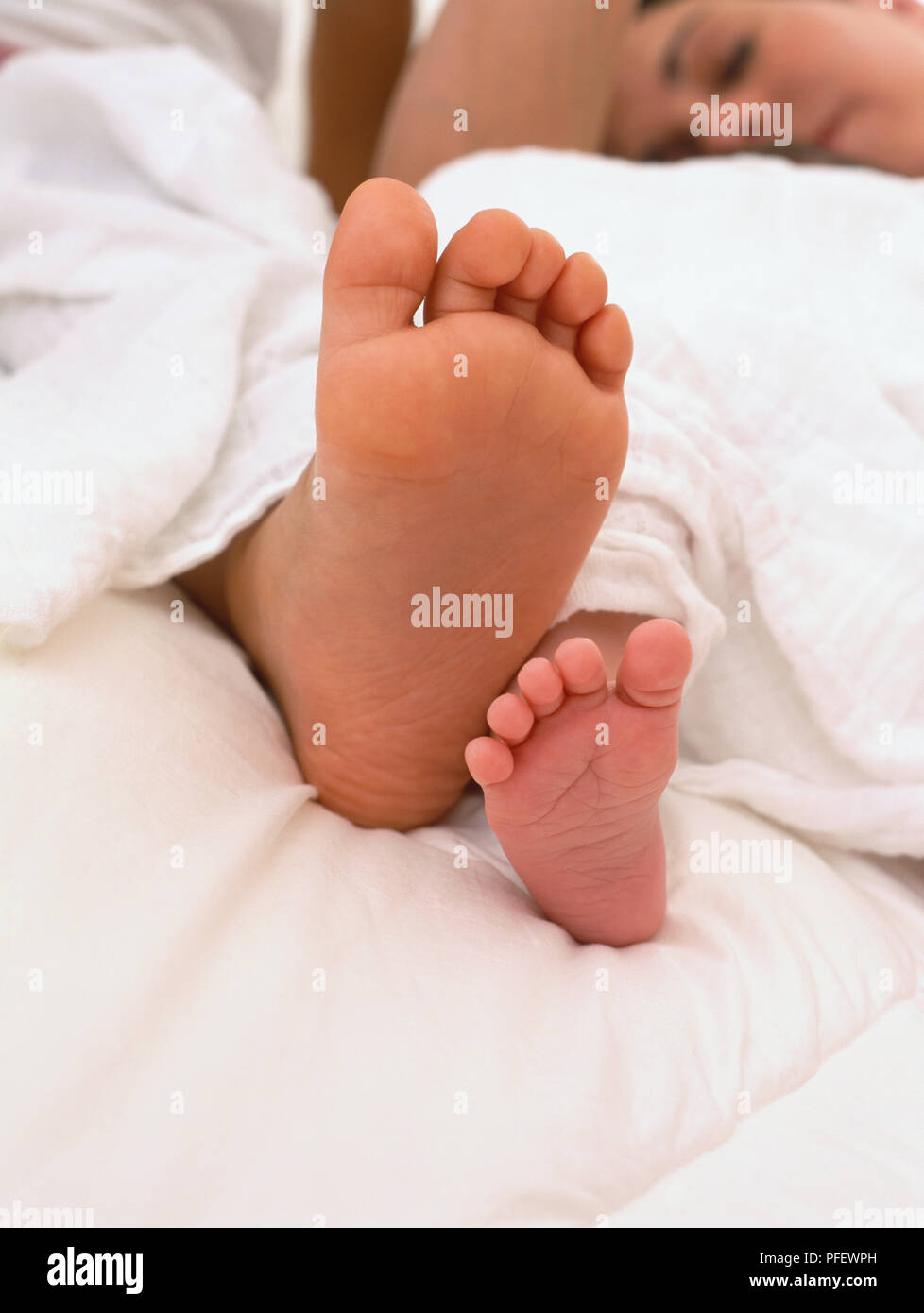 Child's rechten Fuß neben linken Fuß Erwachsene unter einer weißen Decke, in der Nähe Stockfoto