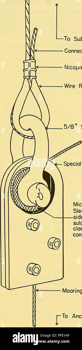 . Deep-sea Moorings; Gestaltung und Nutzung mit unbemannten Instrument Stationen. Deep-sea Moorings; ozeanographische Messbojen. "- Die unter Wasser schweben Anschließen Seil Nicopress Hülse gecrimpt Drahtseil Fingerhut 5/8 Schäkel spezielle Kabelklemme Micarta Scheibe und Langarm benötigt jeder Seite elektrisch zu In-sulate Liegeplatz Kabel und Schelle vom Bügel und Kabel) Liegeplatz Draht zu verankern, Abb. 96. Typische festmachen - Kabelanschluss.. Bitte beachten Sie, dass diese Bilder aus gescannten Seite Bilder, die digital für die Lesbarkeit verbessert haben mögen - Färbung und Aussehen dieser Abbildungen ma extrahiert werden Stockfoto