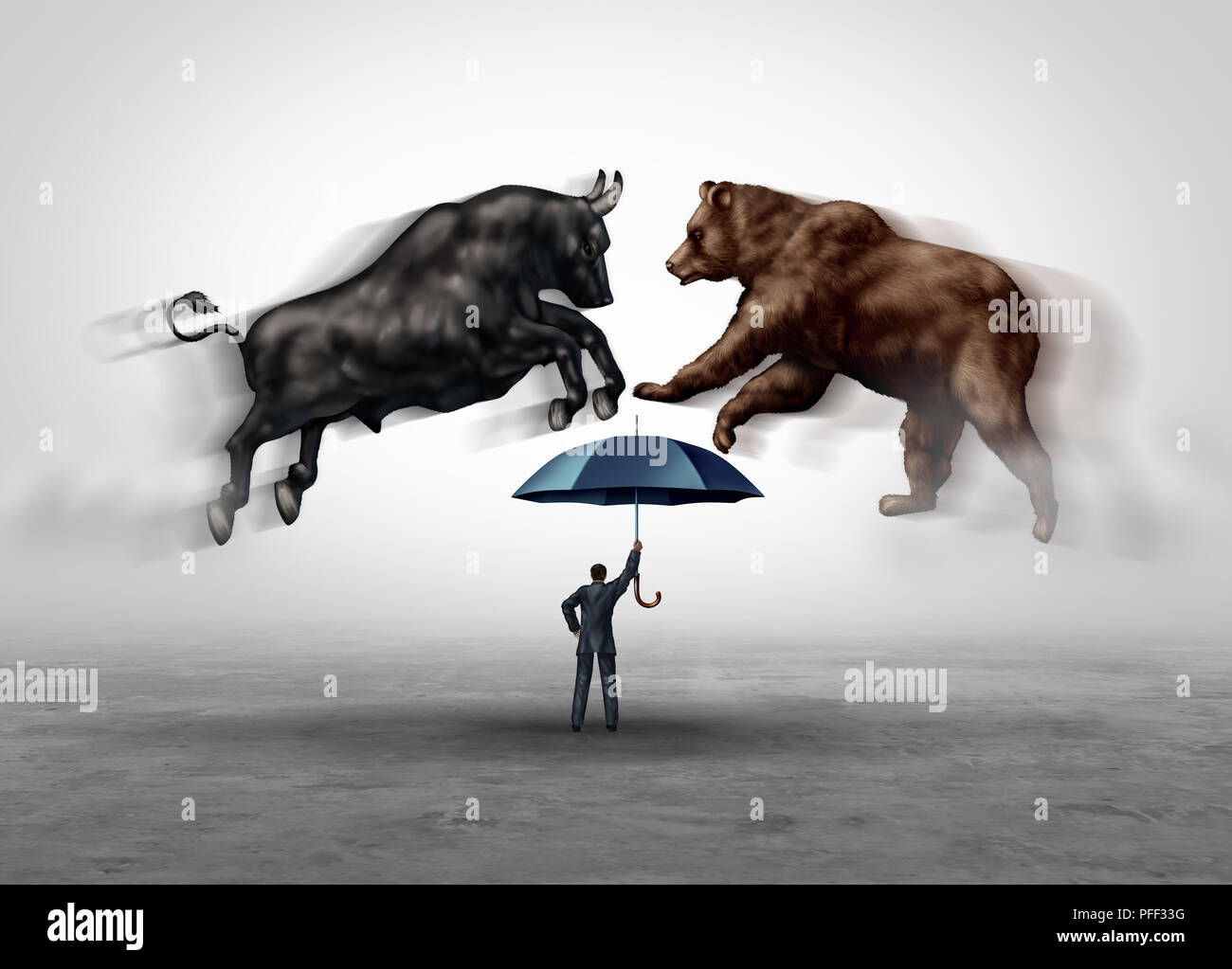 Börsencrash Sicherheit und finanzielle wirtschaftliche Risiko schutz mit Bär und Bulle Märkte als trading Aktien Gefahr Metapher. Stockfoto