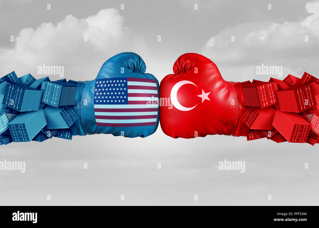 Türkei USA oder United States Trade und Amerikanischen Tarife Konflikt mit zwei gegenüberliegenden Handelspartner als wirtschaftliche Import und Export Konzept Streit. Stockfoto