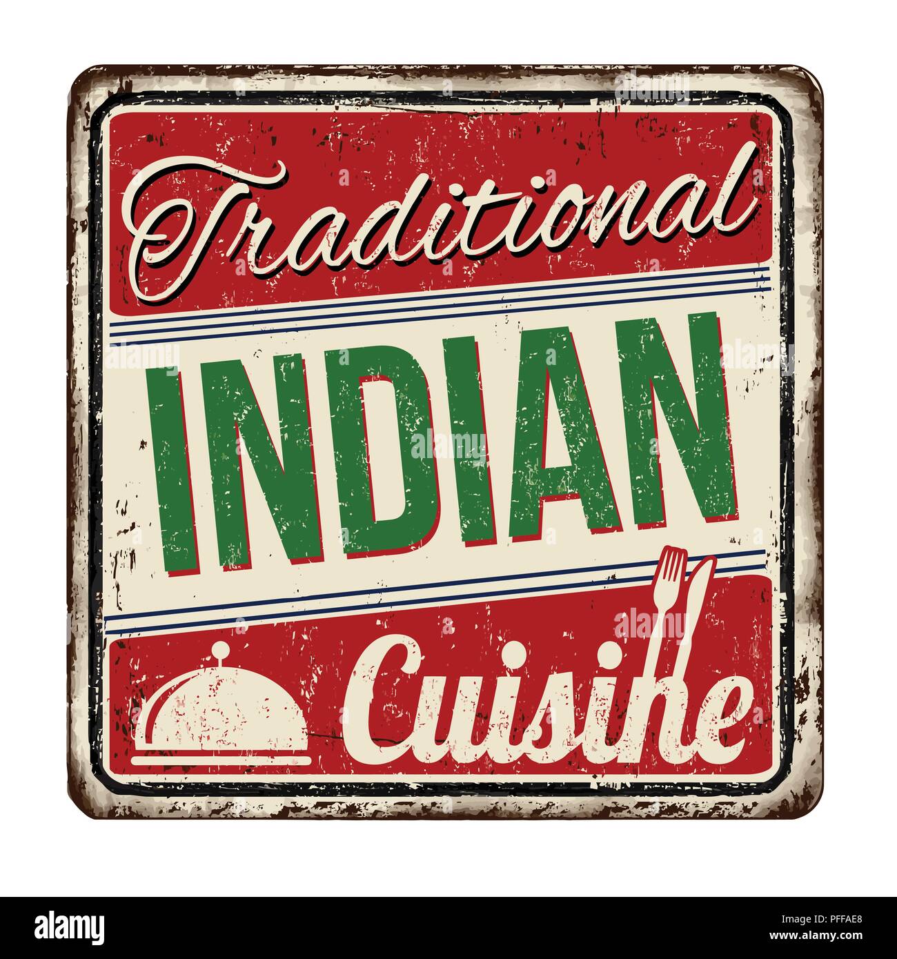 Traditionelle indische Küche vintage rostiges Metall Zeichen auf weißem Hintergrund, Vector Illustration Stock Vektor