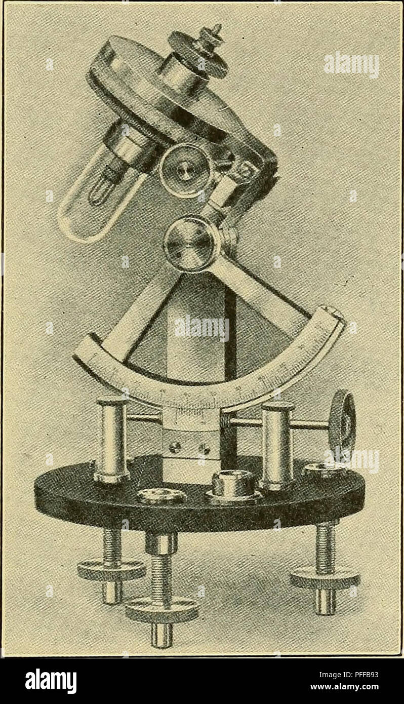 . Tiefbohrung Erhebungen und Probleme. Langweilig. FLUID METHODEN DES VERMESSUNGSWESENS BOHRUNGEN 105 parallele Bewegung gerade erwähnt. Die Durchstechflasche wird in seiner Scheide drehte, und der Arm ist entlang des Bogens durch die Tangente Wurm verschoben, bis die Embedded sinken wird senkrecht aus jeder Sicht, oder parallel mit der vertikalen Linien der Referenz nur beschrieben, wie durch die beiden teleskope gesehen. Die Durchstechflasche ist jetzt im gleichen Winkel von inclina-tion, an der der Inhalt verfestigte, und deren untere Glühbirne. Abb. 54. - Die schwedische clinometer Goniometer. Fast in der Achse des drehbaren Arm gefunden werden. Stockfoto