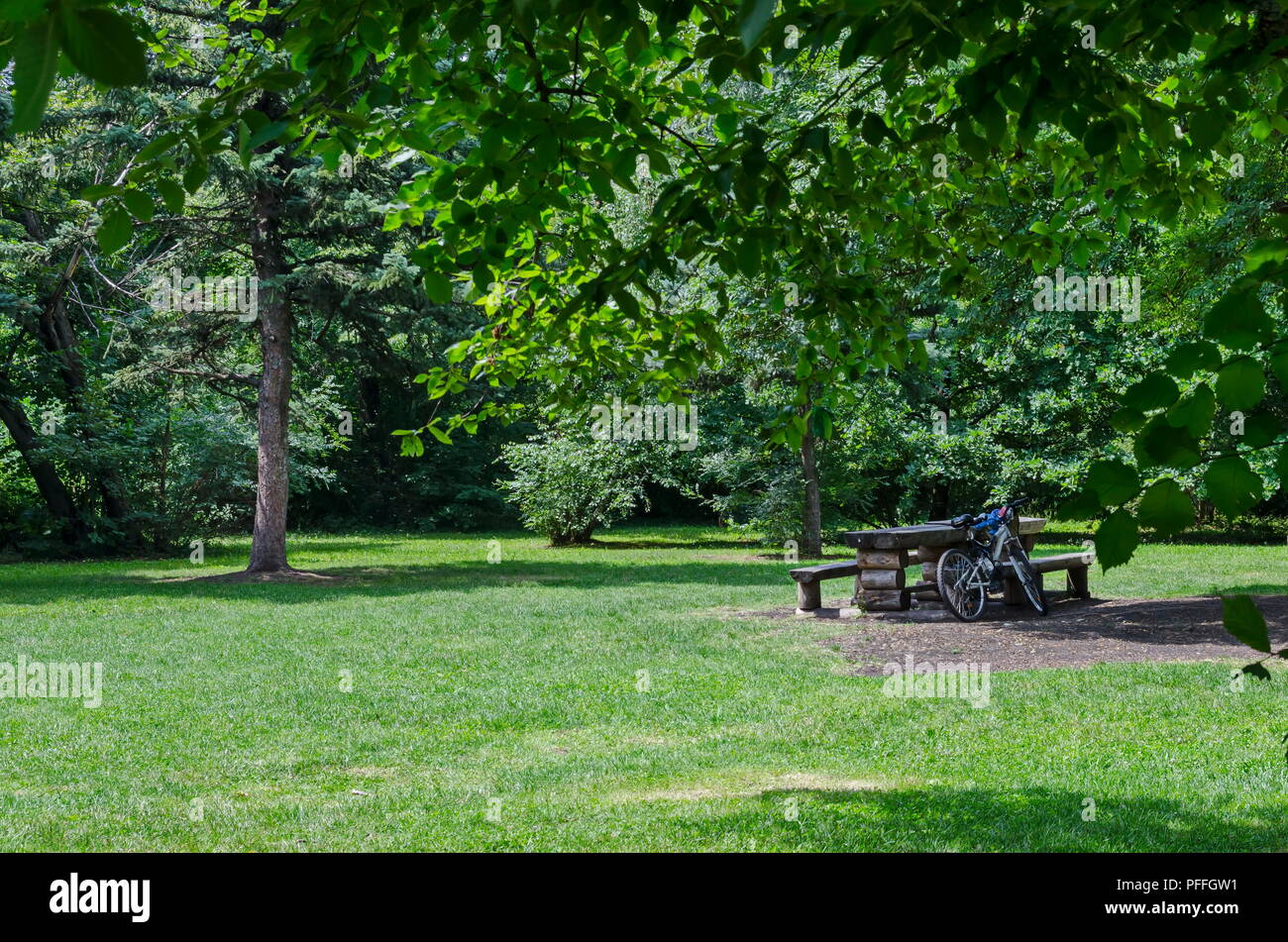 Holz- Bank und Tisch auf einer Wiese und Fahrrad oder Bike im Wald an natürlichen Old West Park, Sofia, Bulgarien Stockfoto