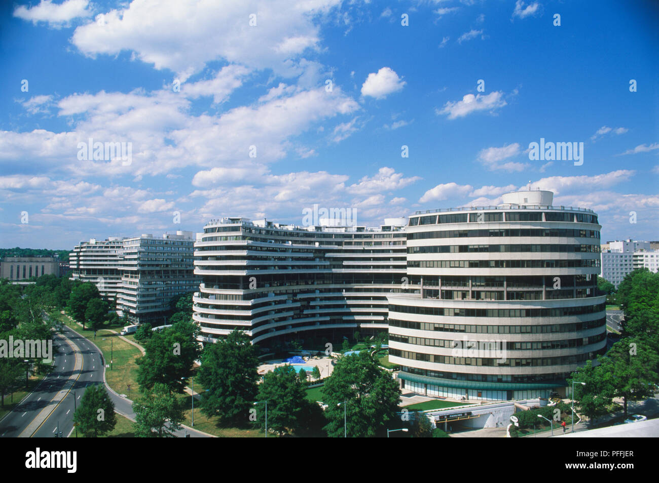 USA, Washington, D.C., Watergate Komplex, markante gekrümmte Außenwände der berüchtigten Italienischen - gestaltete Gebäude Stockfoto