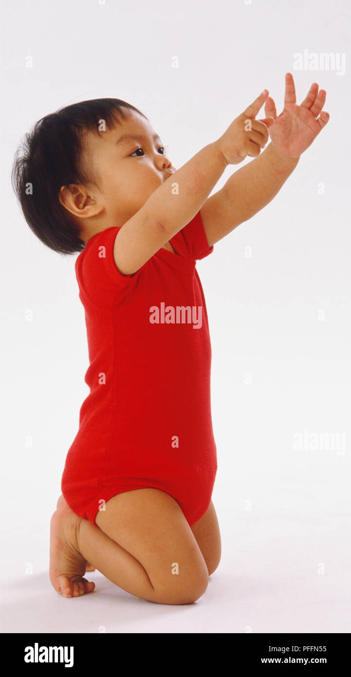 Baby das Tragen der roten Overall, kniend, Anheben der Arme abgeholt werden oder etwas ergreifen. Stockfoto