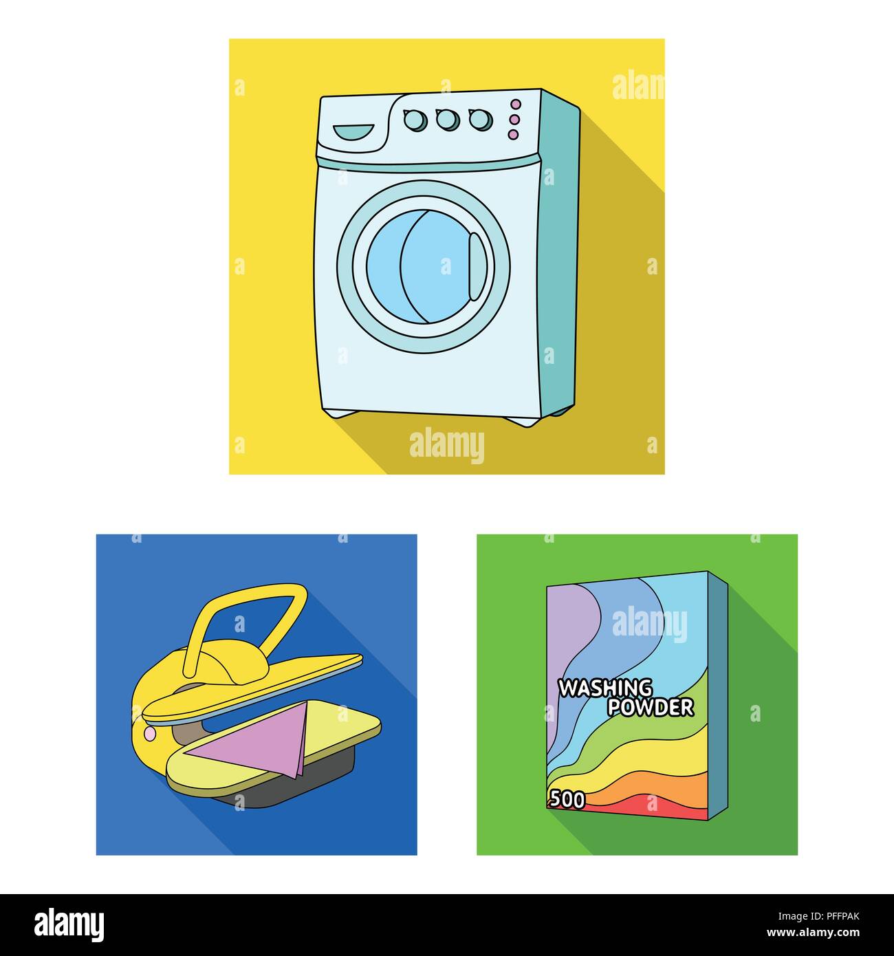 Chemische Reinigung Ausrüstung flachbild Symbole im Set Sammlung für Design. Waschen und Bügeln vektor Symbol lieferbar Abbildung. Stock Vektor