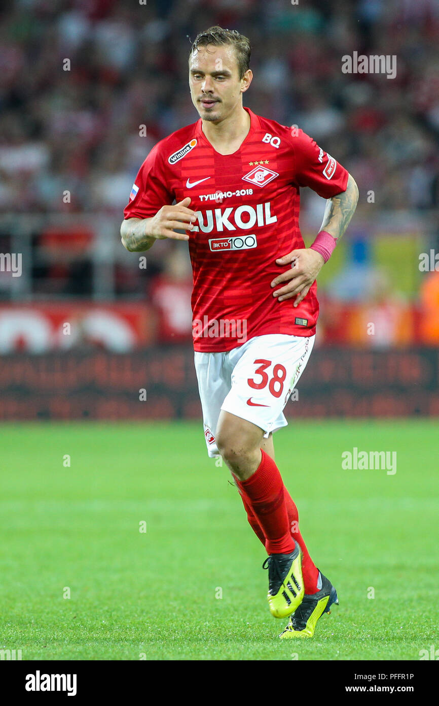 Moskau, Russland - 14 August, 2018: die Spieler von Spartak Andrei Eschenko in Aktion während der UEFA Champions League dritte qualifikationsrunde zwischen FC Spar Stockfoto