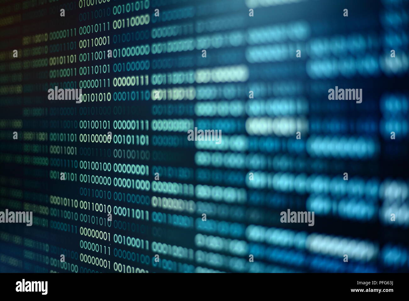 Blau ist der binäre Code. Blocks binärer Daten. Blockchain Konzept. Blauer Hintergrund mit dem binären Code Bit Nummer eins und null Text. Stockfoto
