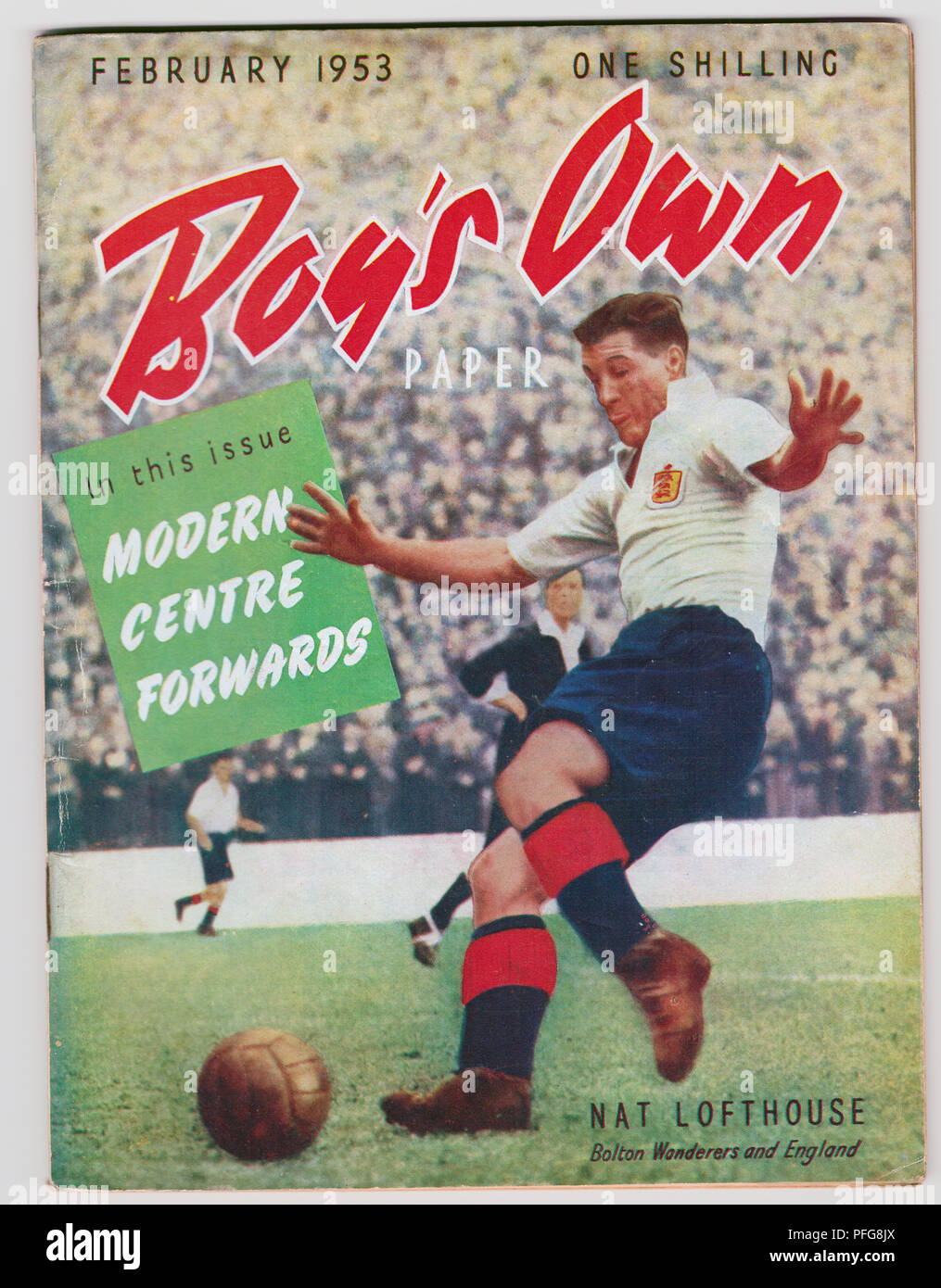 Fußballer Nat Lofthouse auf dem Cover der Februar 1953 Ausgabe des Boy's own paper for boys. Stockfoto