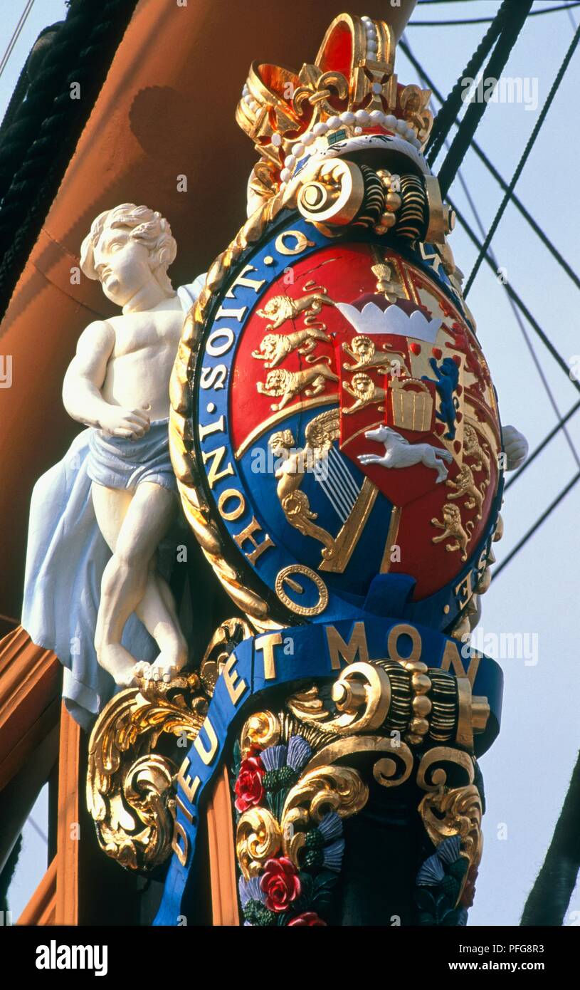 Grossbritannien, England, Hampshire, Portsmouth Historic Dockyard, Galionsfigur am Bug der HMS Victory Stockfoto