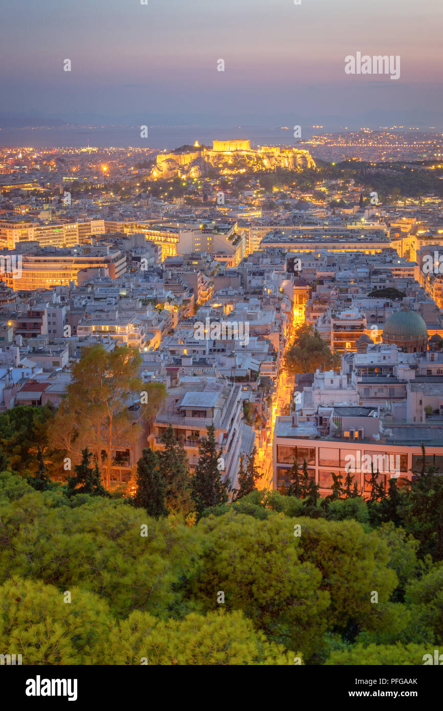 Abendlicher Blick von Athen, Griechenland Stockfoto