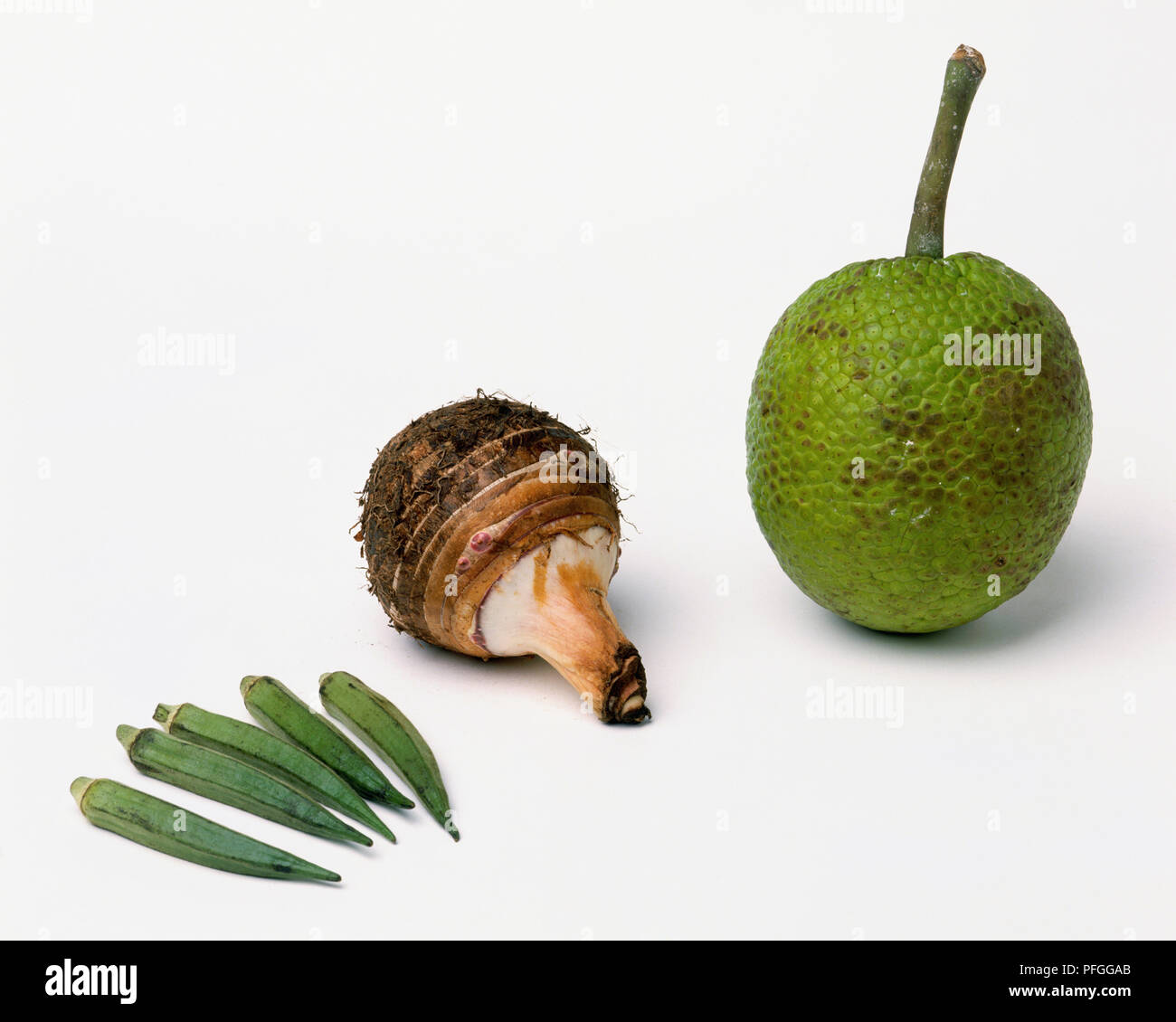 Okra, Dasheen root und Brotfrucht Stockfoto
