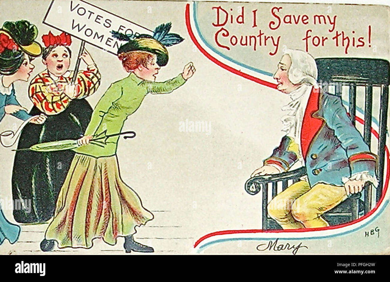 AMERICAN ANTI-SUFFRAGETTE Cartoon über 1905 Aufrufen der Abbildung von George Washington Stockfoto