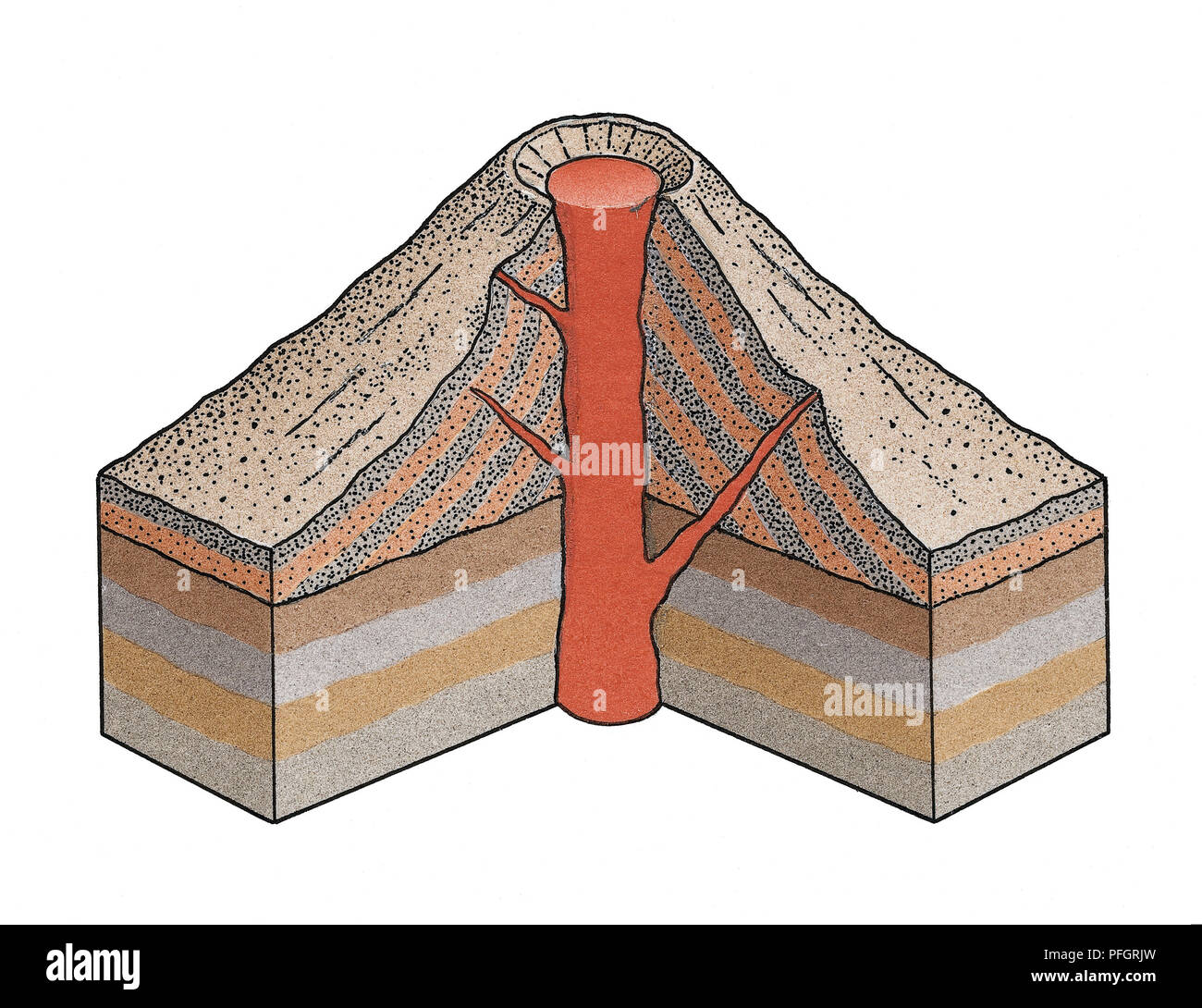 Artwork Querschnitt Abbildung eines Vulkans, der die Entlüftung, Magma, Schichten und einem sanften Hang aus basaltischer Lava Flow. Stockfoto