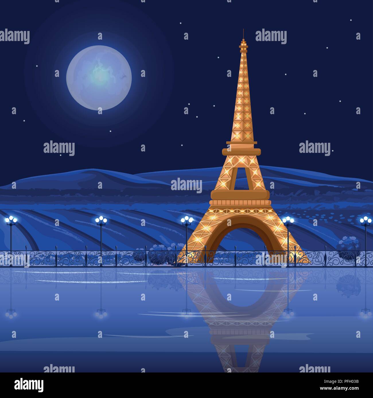 Tour Eiffel Paris bei Nacht Vektor Karte. Schönen Hintergrund Stock Vektor