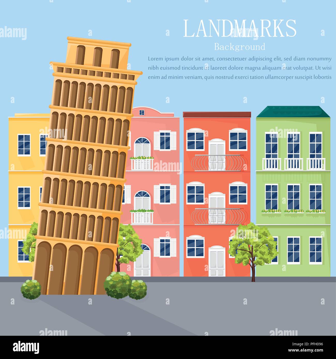 Italien Stadtbild Architektur Fassaden Vektor. Bunte Cartoon Stil Hintergrundbild Stock Vektor